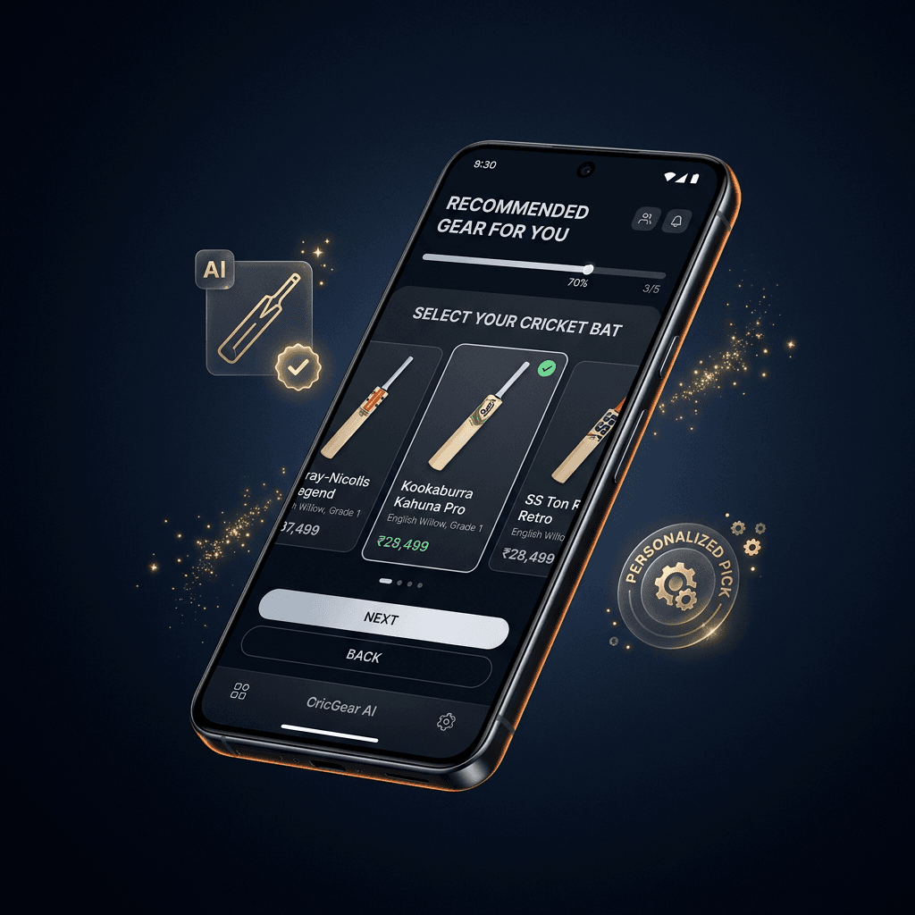 AI Kit Finder on mobile - answer questions and get personalized cricket gear recommendations
